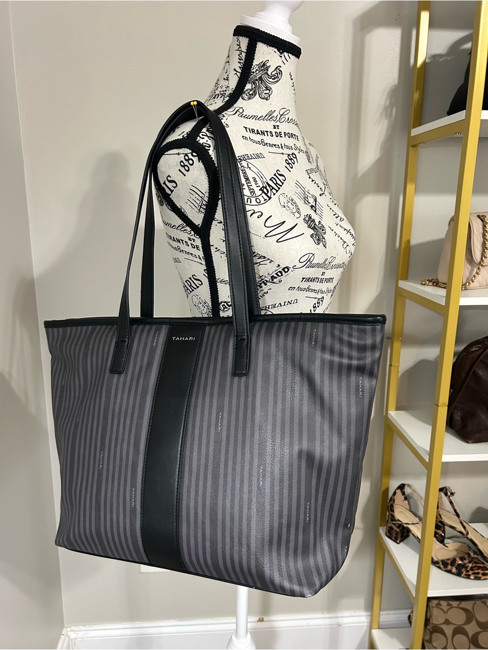 Tahari Gray & Black Vertical Stripe Tote